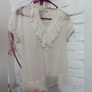 Almost Famous Cream Ruffle V-Neck Dot Blouse
